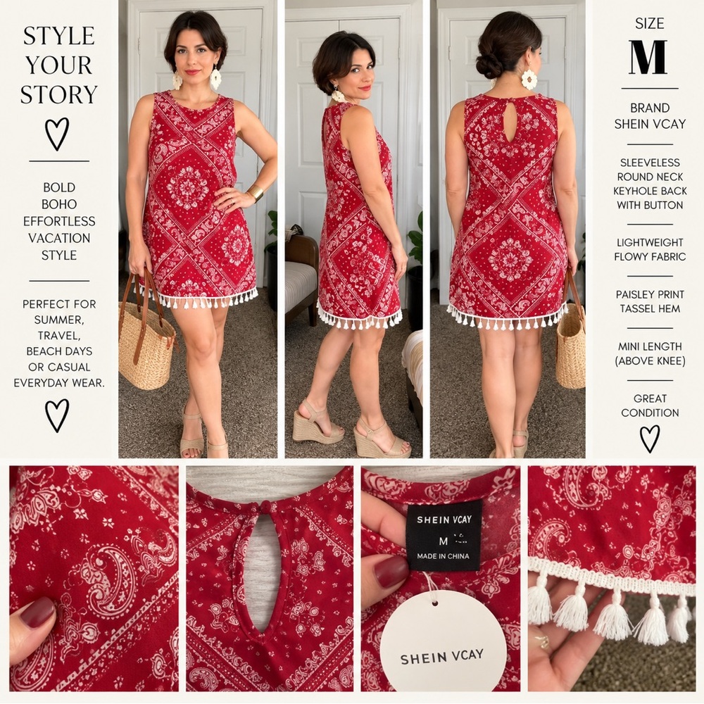 Shein Vcay Red Paisley Tassel Mini Dress